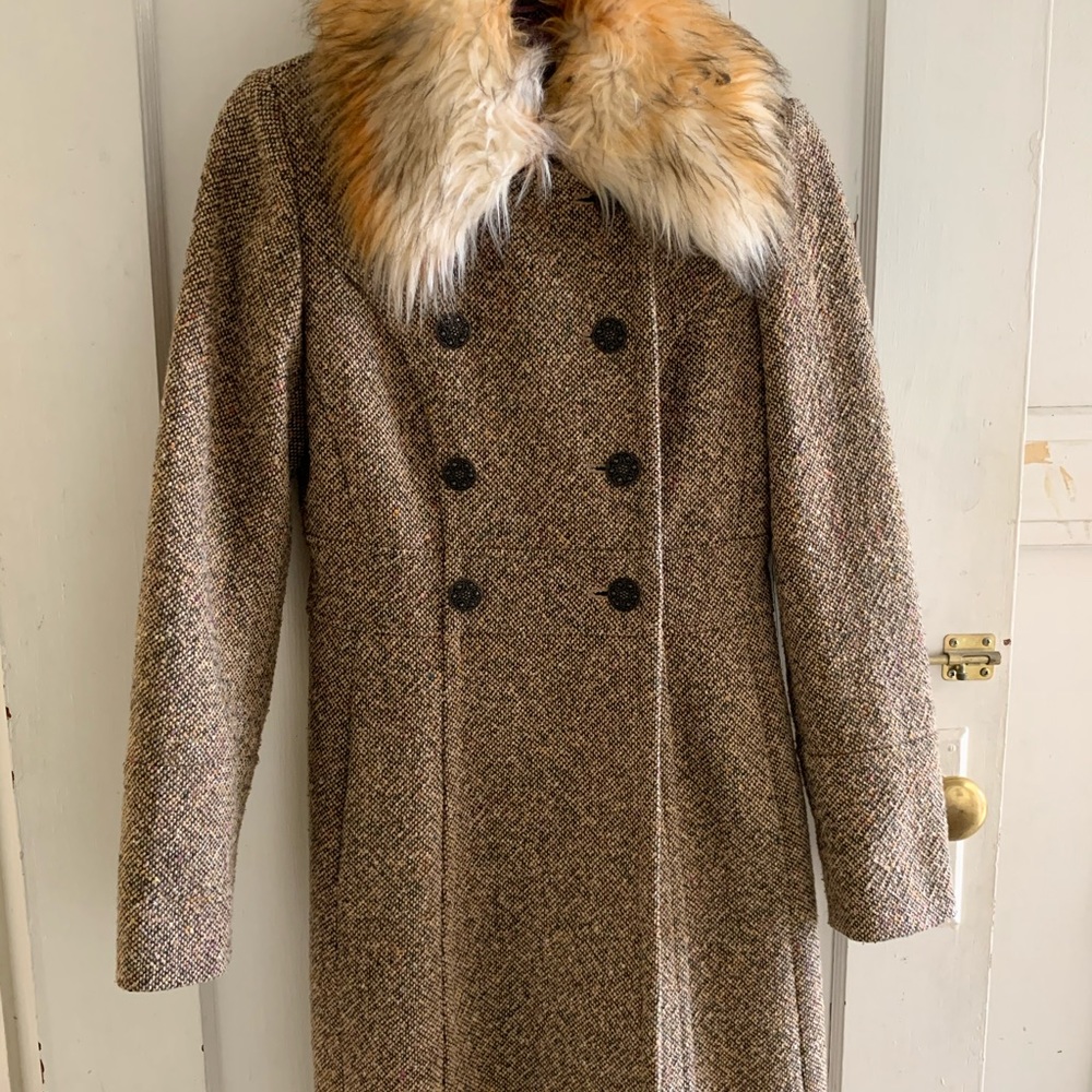 Guess? Women's Tweed Jacket Coat Faux Fur Collar S